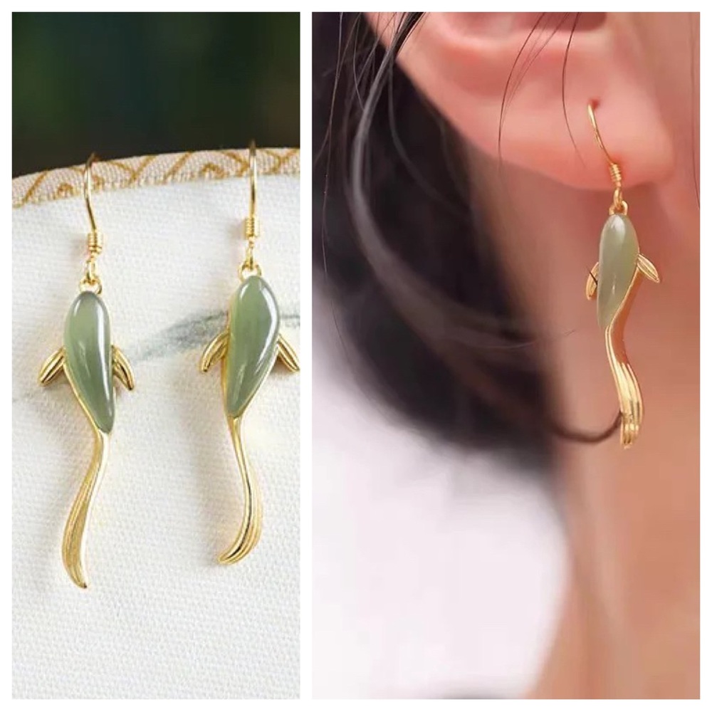 Elegant Fish gold jade dropped earrings